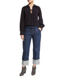 Long-Sleeve Tie-Front Blouse, Dark Night