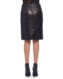 Braided-Front Leather Pencil Skirt, Black
