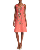 Sleeveless Floral-Embellished Dress, Coral