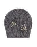 Double Crystal Spider Knit Beanie Hat, Slate Gray