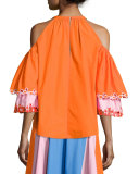 Embroidered Cold-Shoulder Trapeze Blouse