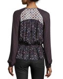 Long-Sleeve Floral Silk Blouse, Midnight/Multicolor