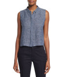 Bardot Sleeveless Linen-Blend Etched Denim Blouse 