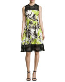 Sleeveless Abstract-Print A-Line Dress, Lime