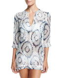 Embroidered-Front Printed Short Tunic Coverup