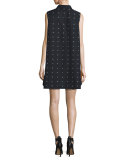 Poplin Swallow-Print Ruffle Shirtdress, Black