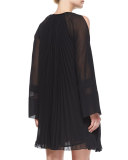 Long-Sleeve Pleated Oversized Shift Dress, Black