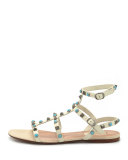 Rockstud Rolling Leather Flat Sandal, Light Ivory