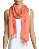 Embroidered-Border Organic Cotton Scarf W/Fringe, Guava