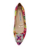 Hangisi Crystal-Buckle Satin Flat, Pink Floral