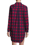 Long-Sleeve Flannel Plaid Shirtdress, Red/Blue