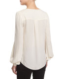 Keyhole Pleated Silk Blouse, Alabaster