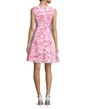Rose-Jacquard Sleeveless A-Line Dress, Hot Pink/White