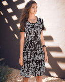 Moroccan Short-Sleeve Fit-&-Flare Dress, Black/White