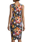 Sleeveless Floral Stretch Crepe Midi Dress, Black/Pink/Orange