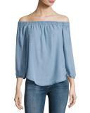 Off-the-Shoulder Chambray Top, Light Blue