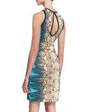 Sleeveless Zip-Front Mixed-Print Dress, Brown/Turquoise
