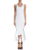 Sleeveless Draped Flounce-Hem Dress, White
