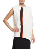 Brushstroke-Print Asymmetric Top, Ebony/Claret/White