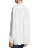 Long-Sleeve Bibbed Chiffon Blouse, Ivory