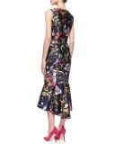 Abstract Floral-Print High-Low Flounce Hem Dress