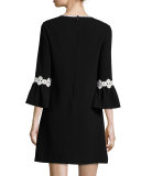 3/4-Sleeve Floral-Trim Crepe Dress, Black