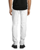 Distressed Slim-Straight Moto Jeans, White