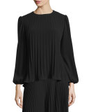 Long-Sleeve Plisse Top, Black