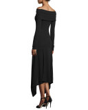 Off-the-Shoulder Handkerchief-Hem Dress, Black