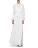 Long-Sleeve Floral-Embroidered Maxi Peasant Dress, White