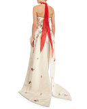 Strapless Embroidered Peplum Top w/ Train, Cream/Multi