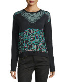 Scroll-Paisley Crewneck Sweater, Turquoise/Black