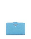 Saffiano Metal Oro Bi-Fold Wallet, Light Blue (Mare)