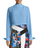 Long-Sleeve Silk Blouse, Cornflower Blue