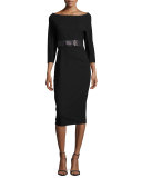 3/4-Sleeve Belted Dress, Black