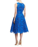 Sleeveless Fit-&-Flare Lace Dress, Cobalt