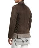 Asymmetric-Zip Suede Moto Jacket, Brown