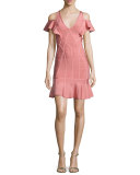 Flutter-Sleeve Cold-Shoulder Bandage Dress, Pale Coral