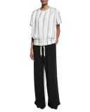 Short-Sleeve Paneled Satin Drawstring Top, Gesso