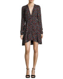 Renata Long-Sleeve Floral Silk Mini Dress, Black/Multicolor