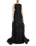 Sleeveless Embellished-Lace Gown, Black