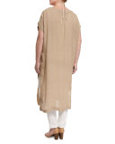 Drappo Short-Sleeve Long Linen Dress W/ Side Slits, Plus Size