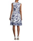 Sleeveless Toile-Print Cotton Dress, White Pattern