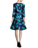Floral 3/4-Sleeve Split-Neck Dress, Navy