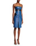 Two-Tone Leather Strapless Cocktail Dress, Blue Steel