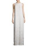 Sleeveless Beaded Column Gown, White 