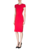 Cap-Sleeve Pleated Sheath Dress, Red