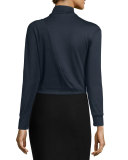 Long-Sleeve Bias Drape Cropped Top, Navy