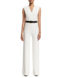 Sleeveless Zip-Front Belted Jumpsuit, Frost