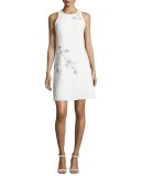 Sleeveless Embroidered Ponte Shift Dress, Ivory